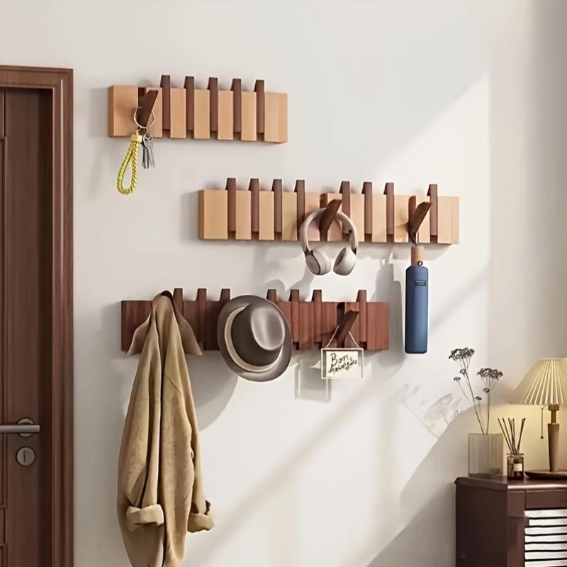 Folding Wooden Wall Mounted Hook Rack Piano Key Design Multi-Hook Storage Rack Suitable For Scarves Towels Coats Bathroom Entry Utility Room Space Saving Storage Berlin Style Home Decor Wall Mounted S